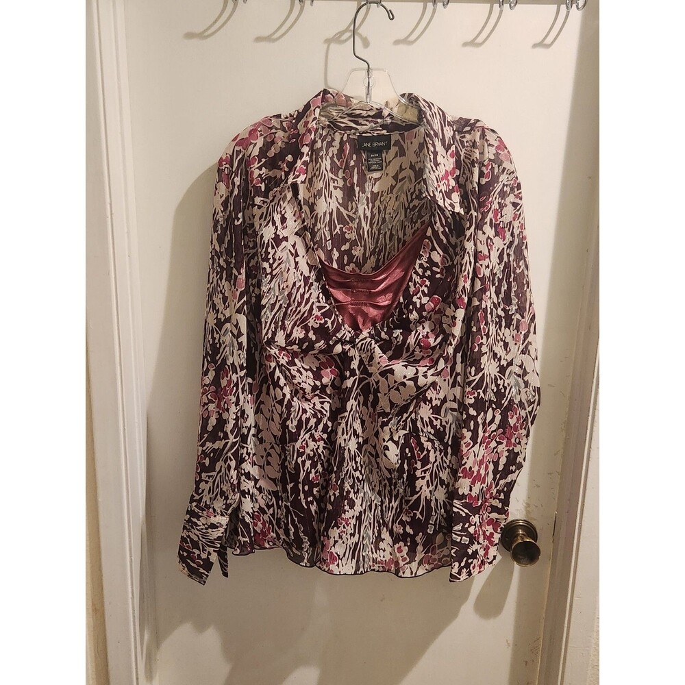 Lane Bryant Floral Metallic Sheer Blouse & Satin Camisole Set Purple Pink 26/28